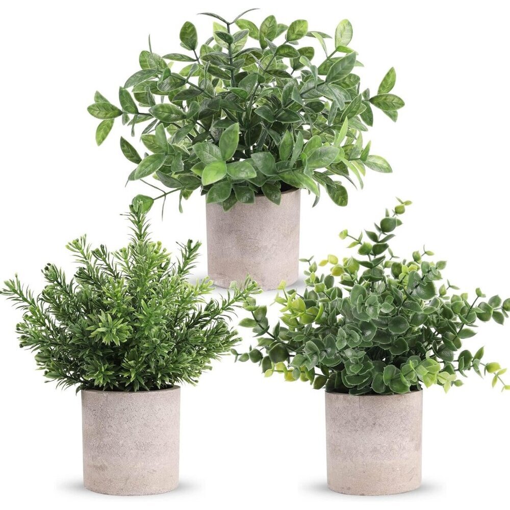 3 Pack Mini Potted Fake Plants Artificial Plastic Eucalyptus Plants Green